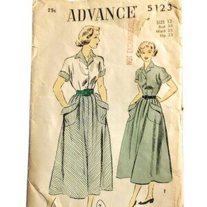 1950s Vintage Sewing Pattern For A Longer Full Skirted Dress With Big Pockets XS